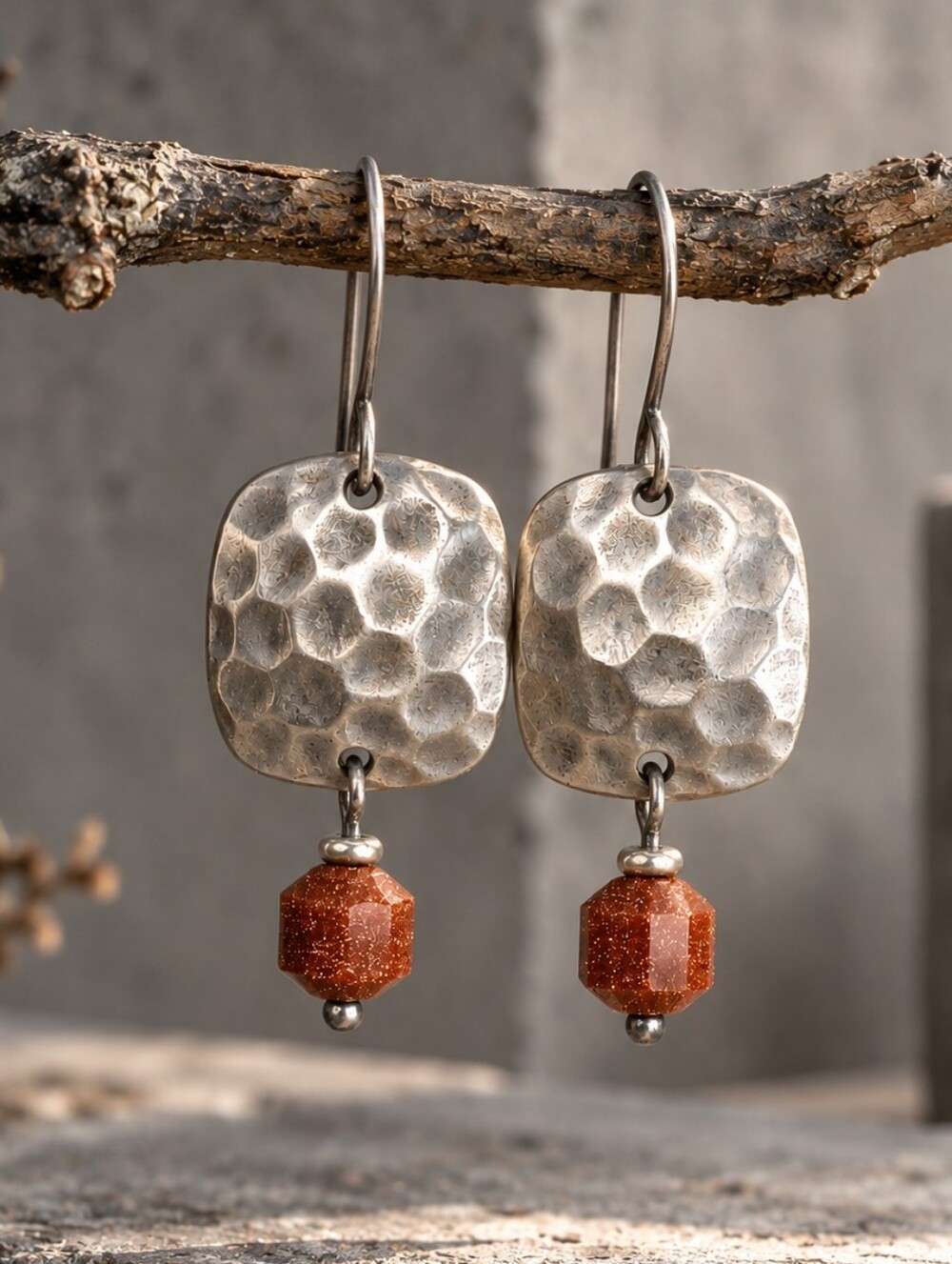 Hammered Silver Goldstone Earrings Geometric Hand Crafted